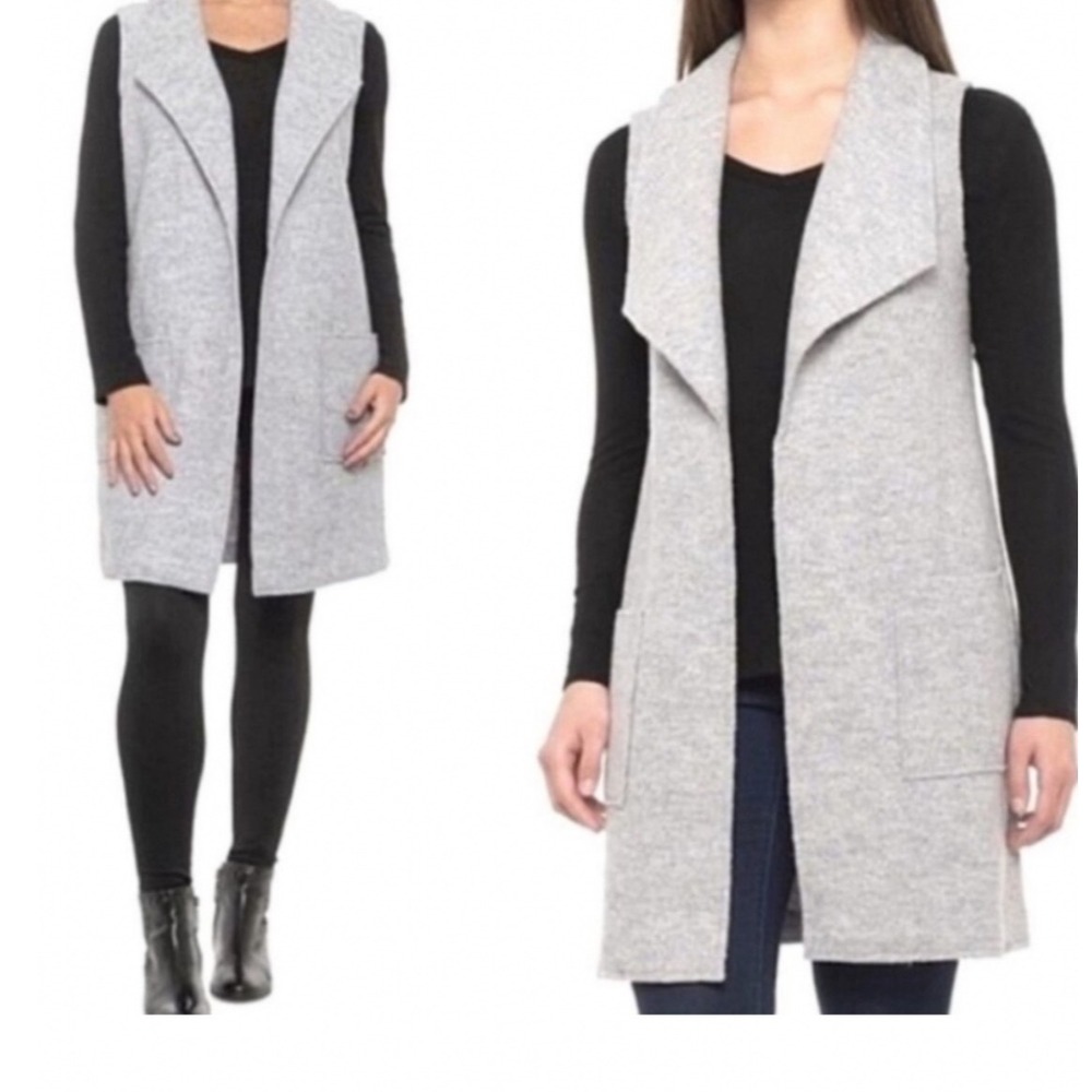 Tahari Longline Vest Women Medium Gray Wool Blend Open Front Sleeveless RN 75343